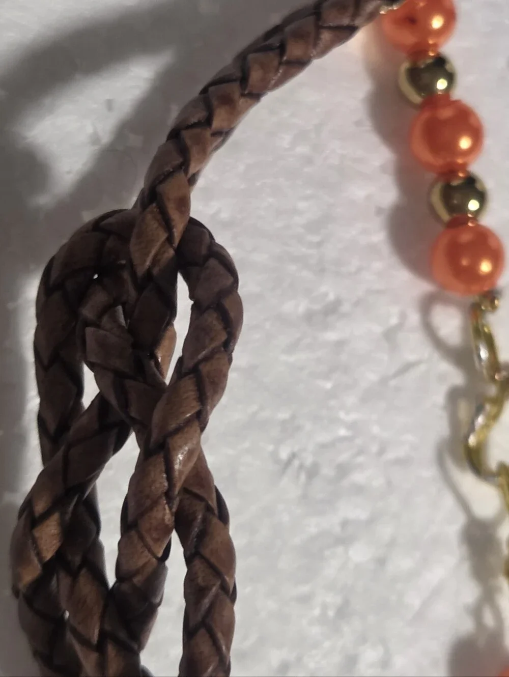 Handcrafted Orange Faux Pearl & Brown Braided Leather Bracelet